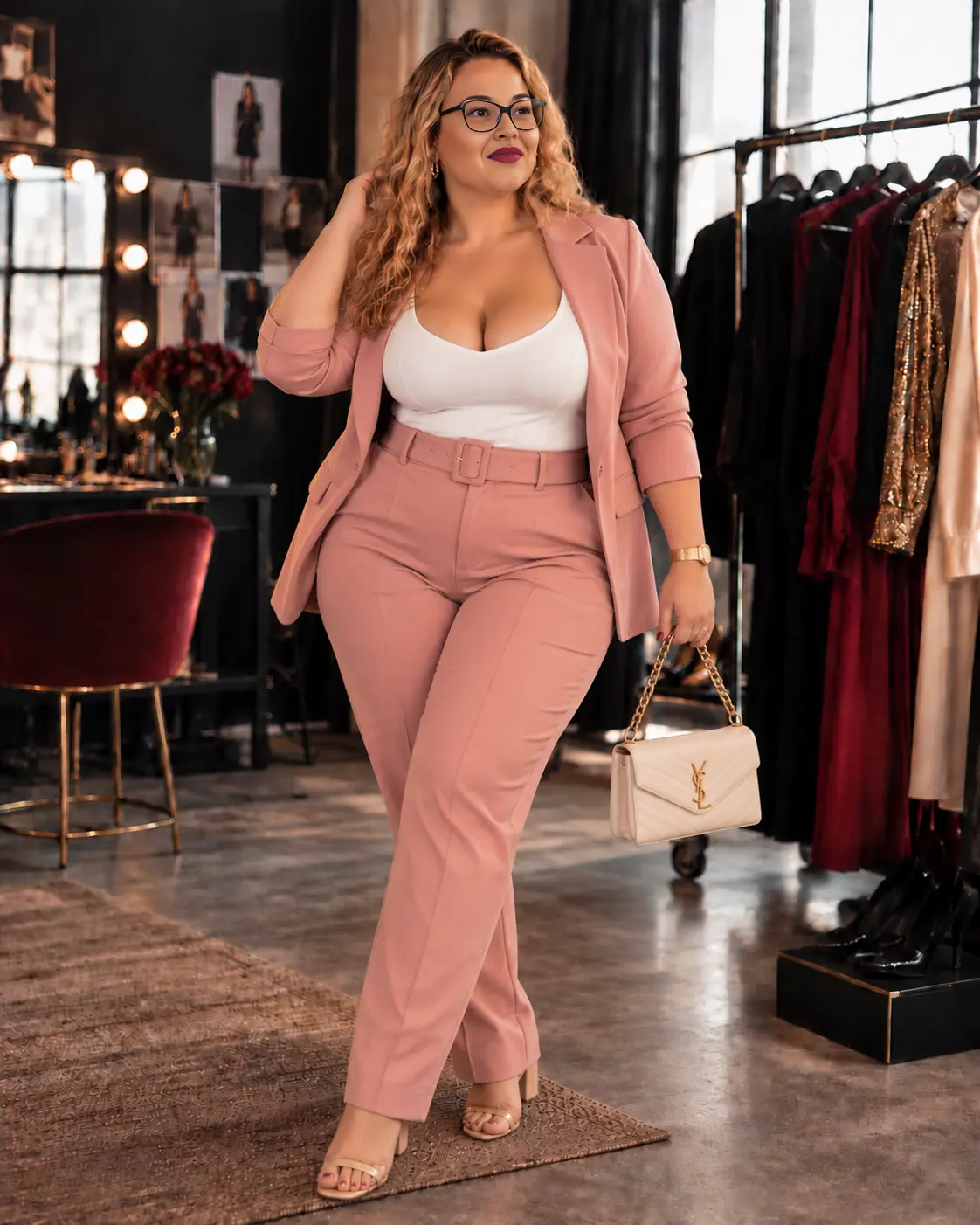 Gatuxa Love usando alfaiataria rosa em ensaio de moda plus size